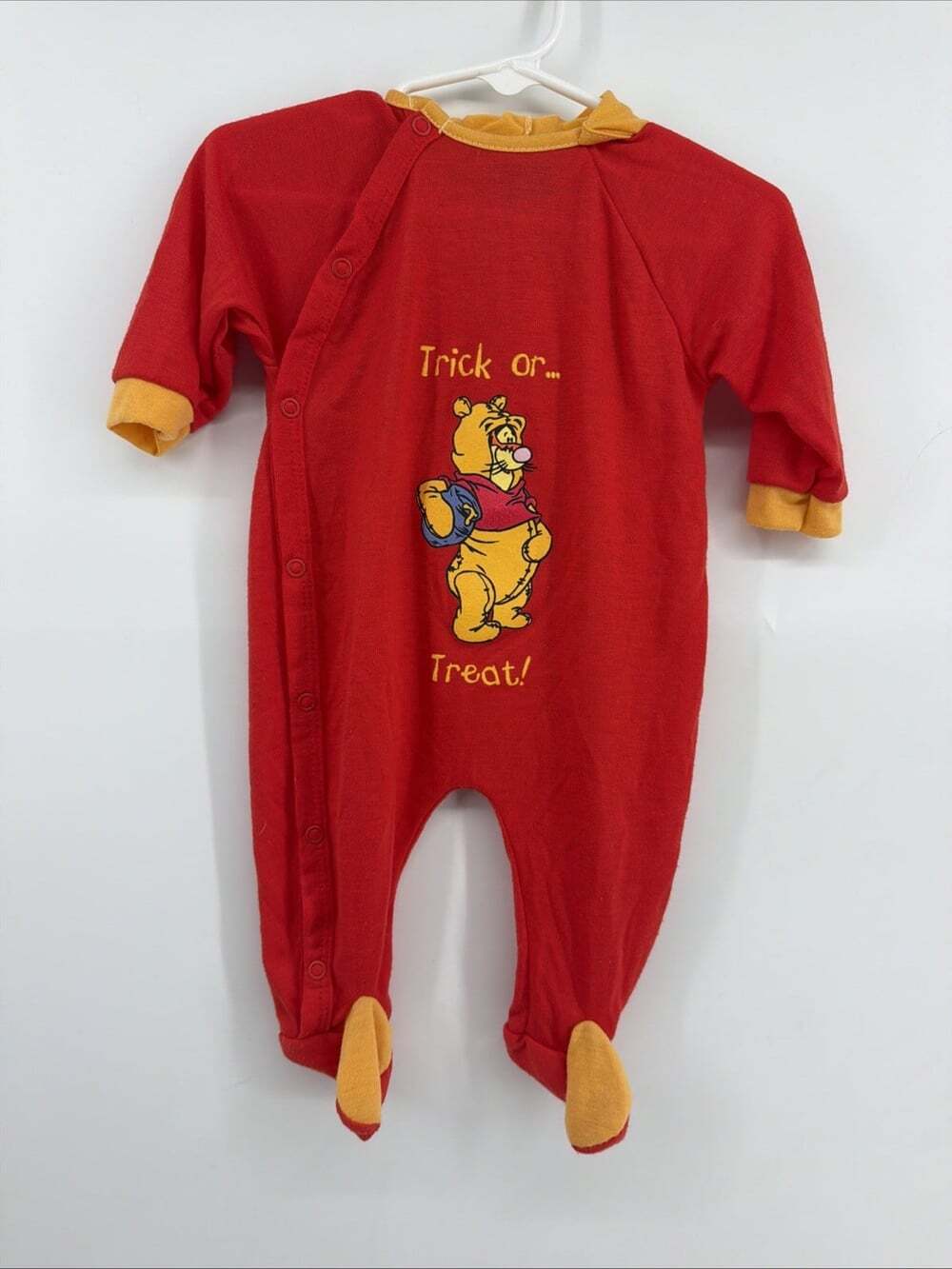 Vtg Winnie The Pooh & Tiger Trick or Treat Pjs Sleeper Red W/hoodie 0-3 Months